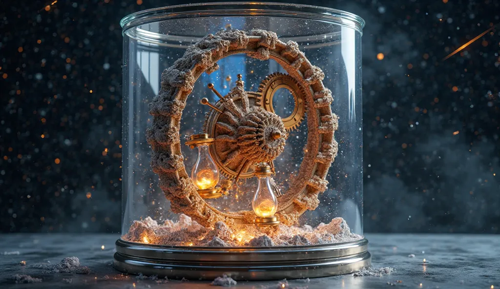 "A breathtaking 3D render of an ancient, celestial timepiece encased within a transparent, gravity-defying glass cylinder. Massive, floating gears made of stardust rotate in slow, mesmerizing motion, while glowing hourglasses containing swirling galaxies m...