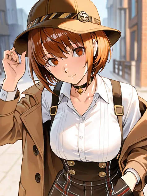 Create a highly detailed illustration of a tomboyish female character in an anime style, with short, stylish hair that frames her face beautifully, embodying the characteristics of a "kuudere." She wears a stylish choker around her neck and a light detecti...