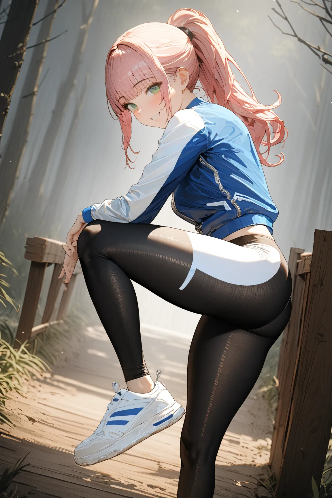 1 sexy woman, pink hair with ponytail, light green eyes, she wears 1 blue two-piece sportswear set, zipped jacket and leggings, white sneakers, she stretches her legs on a wooden barrier after running in the forest , masterpiece, 8k, ultra detailed, smile,...