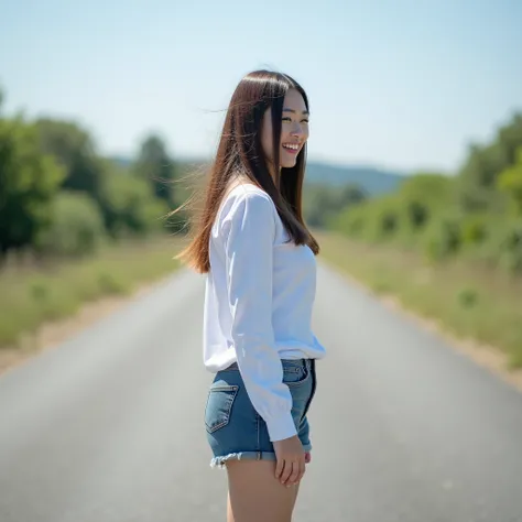 Woman standing at the fork of the road、woman standing at a fork in the road looking back and laughing、Standing figure is a full body、Laughing while looking back、My Long Hair Flutters in the Wind、An Invisible Path、 asphalt、Wear a white long-sleeved shirt、de...