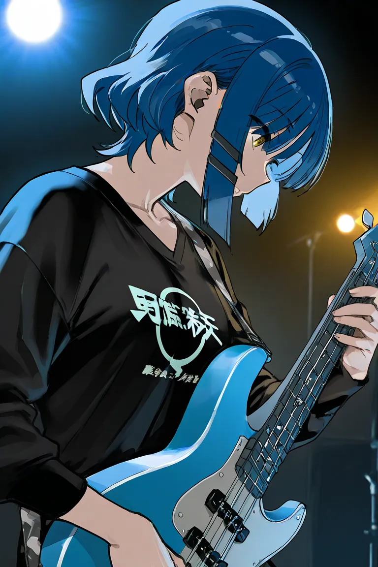 Ryo yamada from bocchi the rock, blue hair, yellow eyes, unemotional, detailed, wallpaper, high quality, detailed background, dark scene, halfbody 4/3 side view, bass guitar