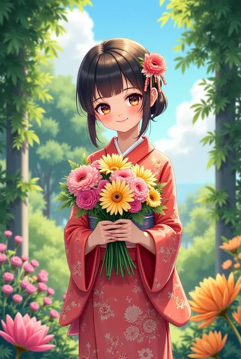 Anime Cartoon Portrait of Beautiful Girl Holding Bouquet of Flowers by Garden