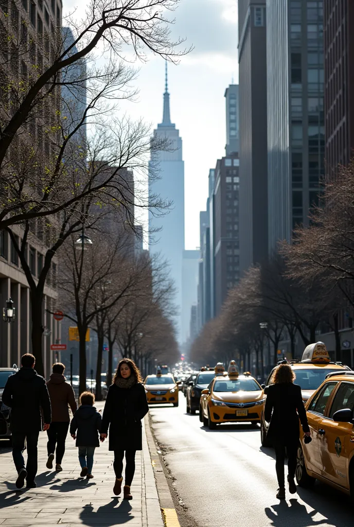 "A photo of a March day in New York, with a partly cloudy sky and rays of sunlight breaking through the clouds. The trees on the sidewalks are still leafless, but the first signs of spring are beginning to appear, with little green buds on the branches. Pe...