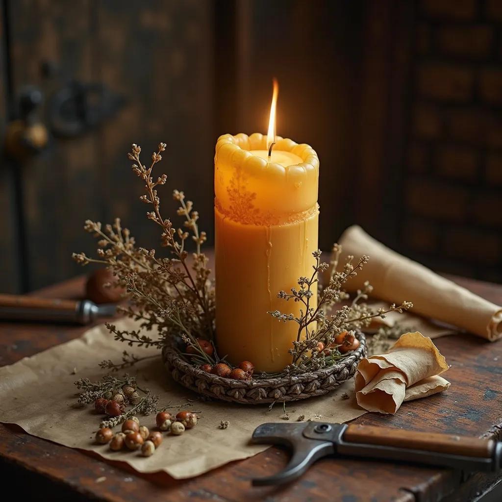 Handcrafted medieval beeswax candle with herbs, parchment, and vintage tools on a wooden table.