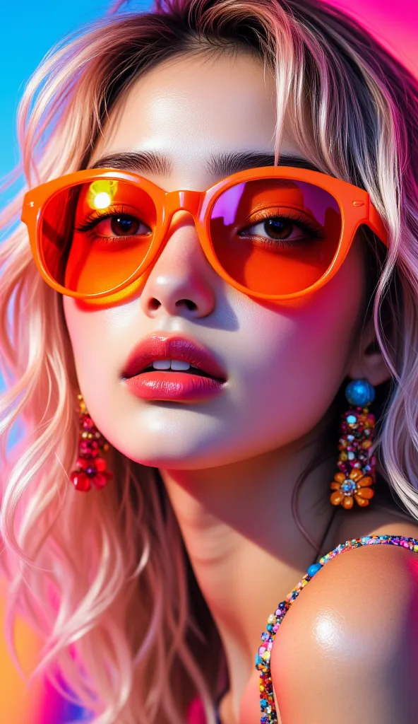  8,000,  masterpiece,  of the highest quality,  full of energy , Oversized Orange Sunglasses, reflective lens, Bright pink lipstick,  curly blond hair , Neon Colors, Electric Blue Reflections, Vintage 80s Style,  Dramatic Lighting , high contrast, Vivid ma...