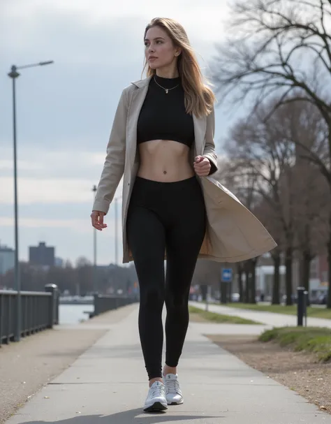 Mid-range shot of Eden, a 23-year-old model from Hamburg, walking along the Alster on a typical, cool March day. She wears a tight-fitting, high-quality black leggings, who her slim, emphasizes athletic figure. She combines it with a figure-hugging, short ...