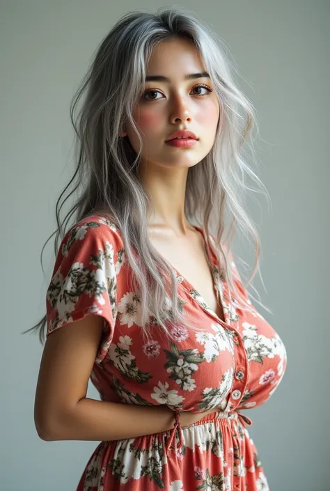 a beautiful matronly woman with abnormally huge round breasts, (((thin body))), pleasant smile, vibrant flare skirt shirtwaist dress, long gray hair, realistic profile view, looking directly at the camera, her breasts are huge, bulging, and well-rounded