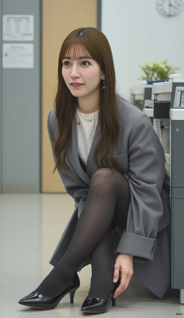 （    photorealistic   ：1.2）、      美人 beautiful mom in her 20s model 39     ;      thick legs、       Female bank employee in uniform               、28-year-old beauty 、    BUSINESS UNIFORM    、   Pee Wet Floor    、  There are many female employees leaning f...