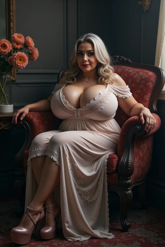 A 75-year-old woman with a thick figure, wearing a lace nightgown. Standing at a short, full-length. Very elegant hihh heels platform shoes. Helloween cosplay. Sitting in armchair.