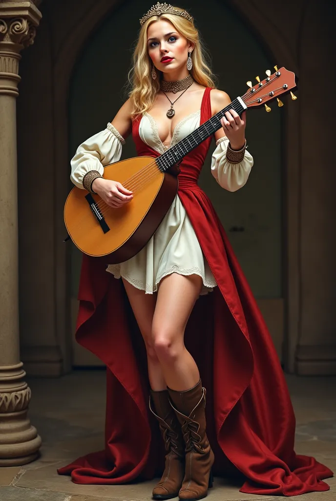 Medieval European bard, voluptuous body, red lipstick, blush, elegant and light makeup, blond hair, light eyes, sensual look and pose, low-cut short dress, sensual lace choker, amulet, earrings, tiara, boots and playing the lute