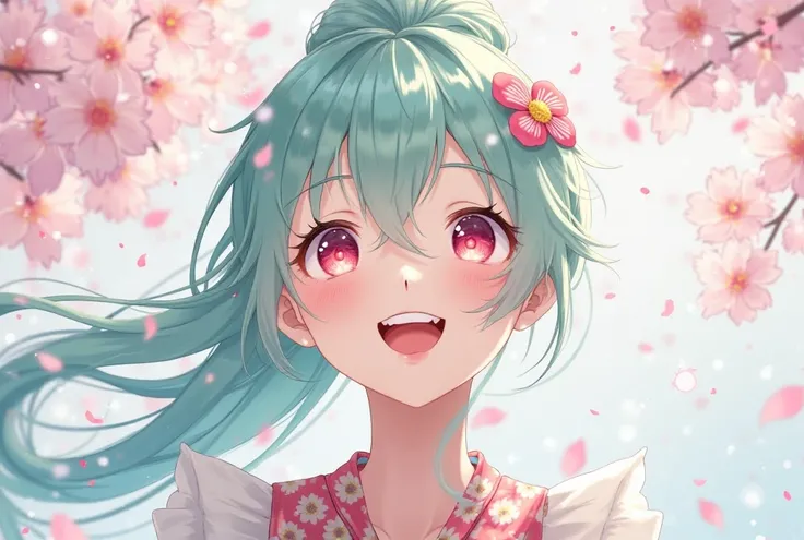 Mint-colored hair, long ponytail, eye color is pink, red and white, Japanese style hair ornament, Yozuki, Sakura, Fubuki, cool illustration, laughing