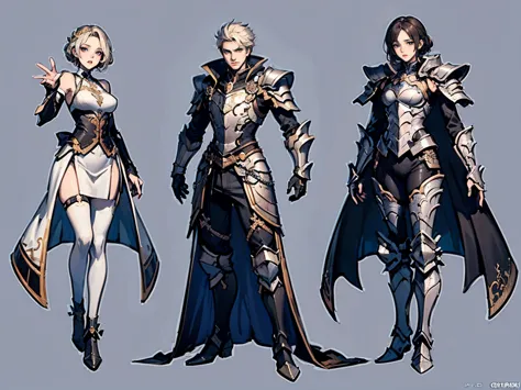 three unique protagonists in an outside rocks environment different calm poses, fantasy themed art and background, gang like pose, character selection like, elegant and intimidating, detailed full metal armor uncommon outfits, all full-body, characters she...