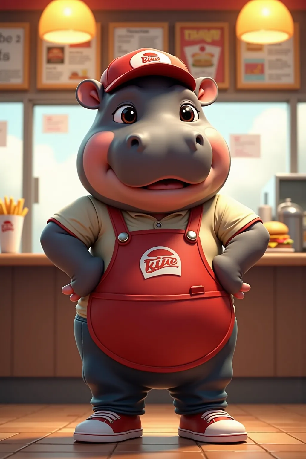 photorealistic full body portrait of Dressed animals - a ((fat))[chibi] (baby hippo) fast food worker,(art by Carne Griffiths),(happy smile:1.5),(furry), high quality,(lovely) hands on hips,, (Wearing fast food shop uniform) , (wearing apron and shirt with...