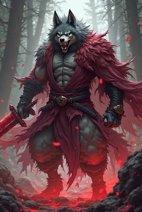 A wolf beastman wearing a crimson tattered haori with his crimson blade in hand, make it anime-like, furry-like, and in bara art style 