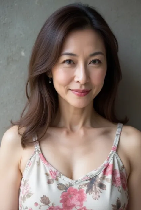 A close-up image of a middle-aged  Japanese woman wearing a floral print A-line dress with a soft scoop neckline. She has  semi-long wavy hair , kind smile,  in、lightly resting her hands on shoulders .  There is a gray wall with a hint of a floral pattern ...