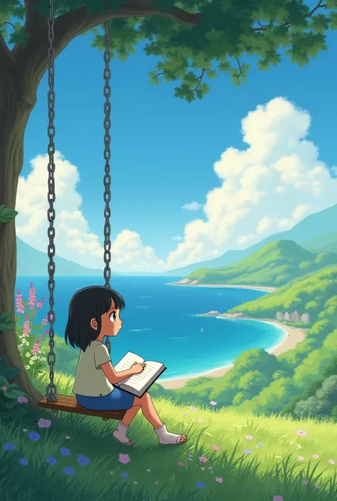 Ghibli girl in a swing reading a book looking back at a dreamy green landscape with sea and sky