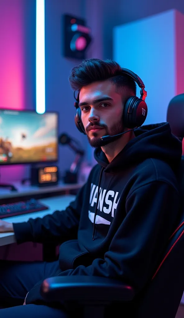 young man with neatly styled dark hair and a well-groomed beard sits confidently in a gaming chair. He is wearing a black hoodie with the text 'Vansh' in bold white letters.   The background features a high-tech studio setup with multiple computer monitors...