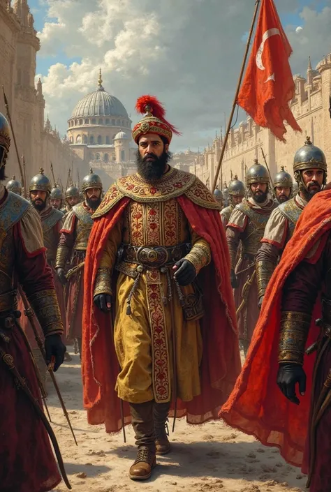 2.	Sultan Mehmed II leading his army: A dramatic scene of Sultan Mehmed II, dressed in his regal attire, leading the Ottoman army toward the gates of Constantinople in 1453 CE.