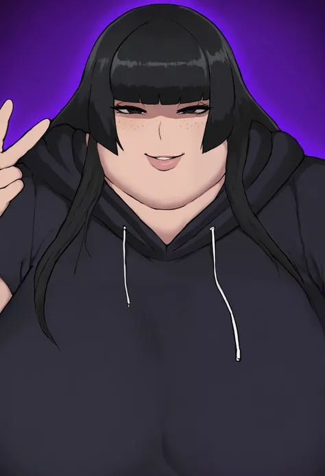 cyboii, 1girl, solo, v, dark background, purple background, large breasts, black hair, hime cut, long hair, hair over eyes, seductive smile, looking at viewer, freckles, black hoodie, short sleeves, presenting, portrait, 
masterpiece, best quality, fat, ch...