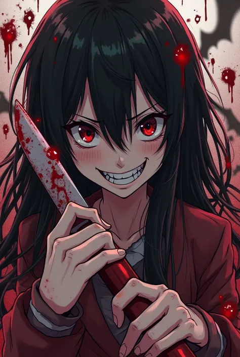 Yandere, anime style, eyes go crazy, bloody knife, background also bleeds and creepy elements 