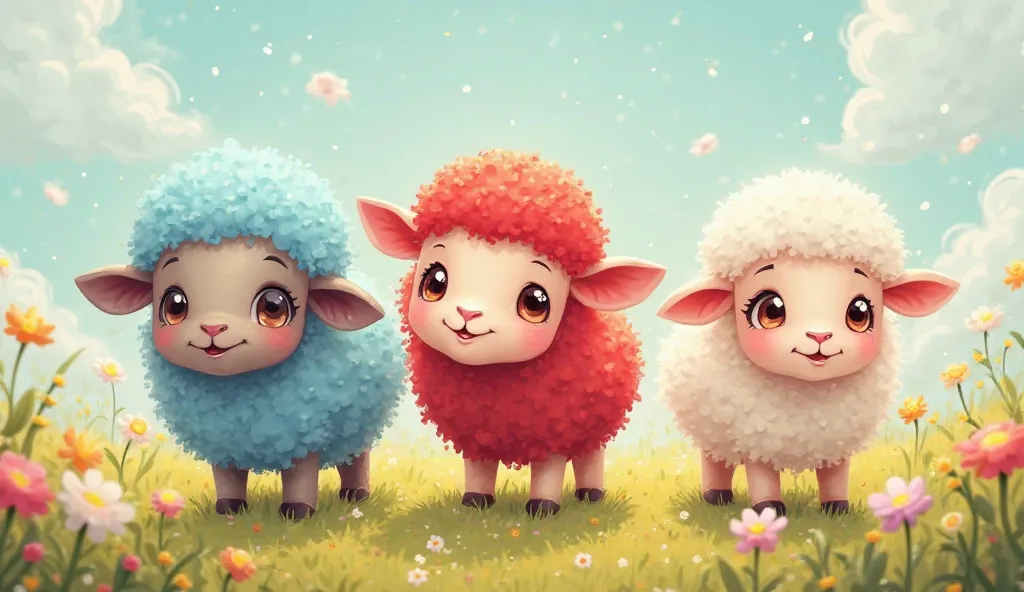 Three cartoon sheep, the first is red, the second is blue and the third is white 