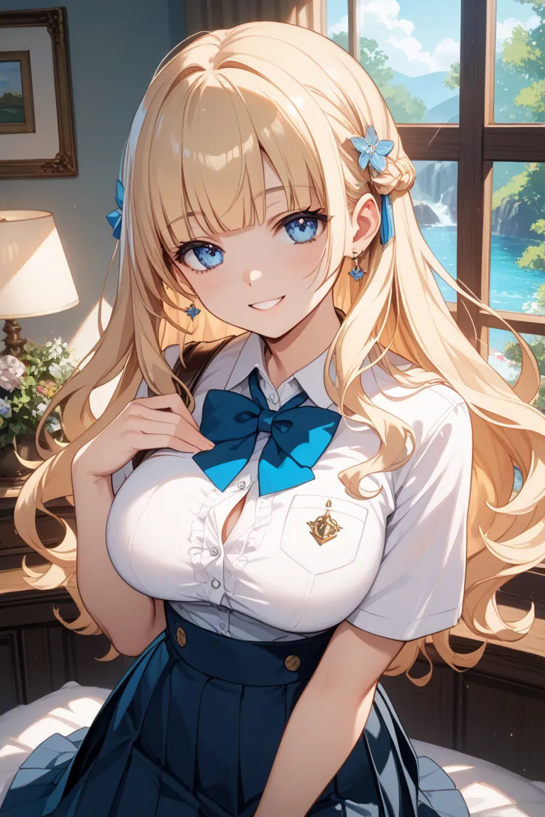 nsfw,high quality,masterpiece,8k,blond hair,long hair,straight hair,big breast ,hime cut hair,noble girl,wearing school uniform,smiling a little,blue eyes, neat and clean