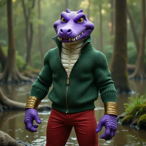 Purple muscular crocodile furry jock in gold bracelets, wearing black boots , wearing red pants, in a green zippered sweater with long sleeves, wearing white gloves stands against the background of the swamp