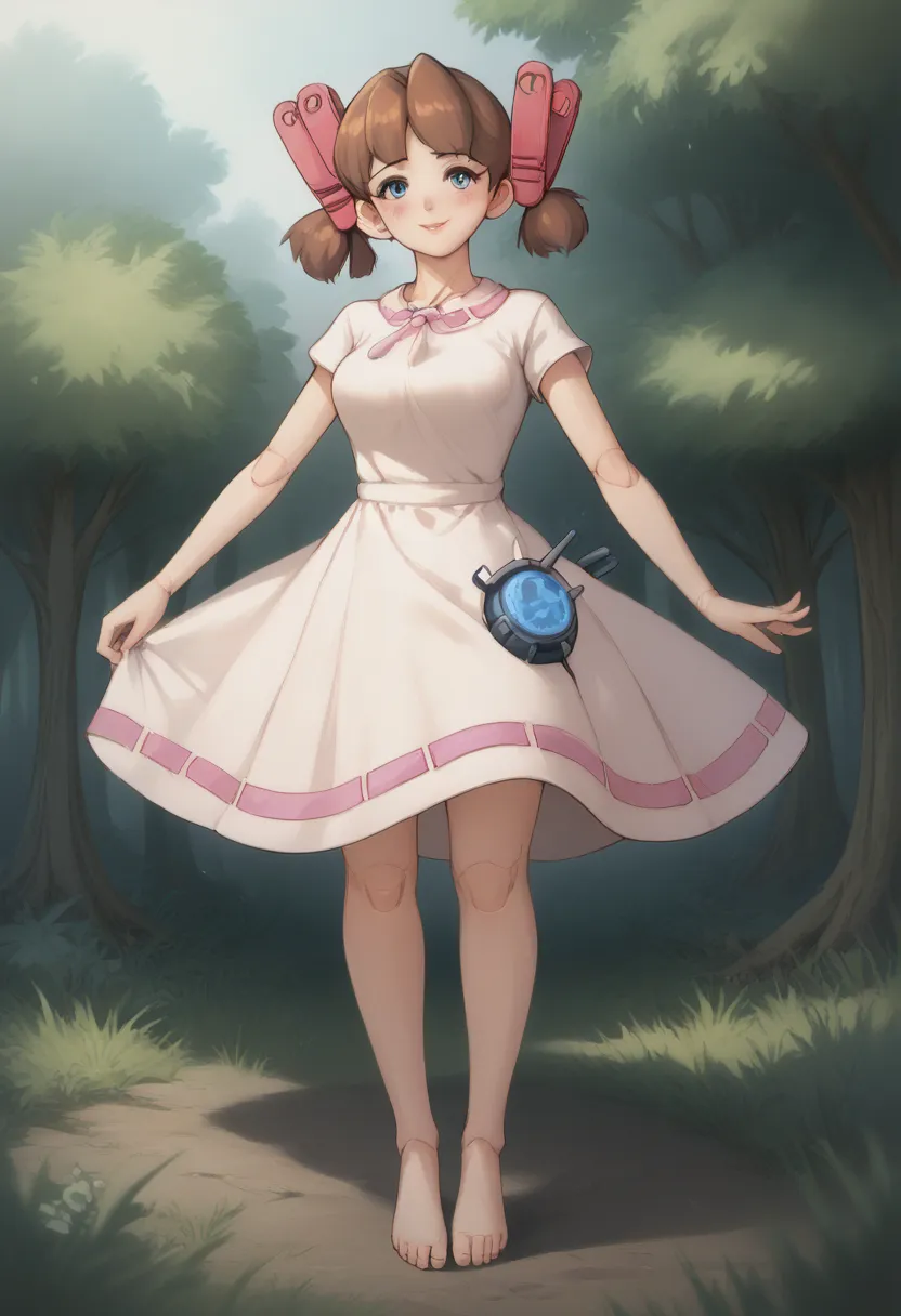 A girl is jumping up on the forest, Middle age, joint seam,full body view, height 160 cm mechanical lady, skin pigment , she gets ecstasy, very short pigtails, brown hair, Hair tie with two red big red clothespins, mature, android, blue eyes, full body fig...