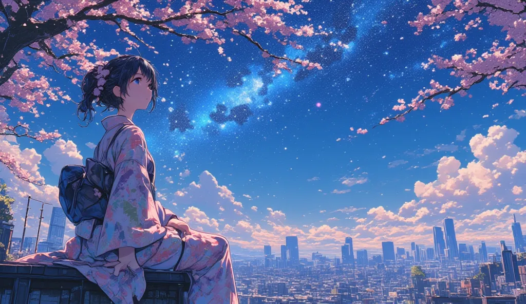 A young Japanese woman in a flowing pastel yukata sits serenely on traditional ceramic tiles, stargazing at the Milky Way above Tokyo's skyline. Cherry blossoms drift by, anime-style sparkles illuminate her eyes, creating magical slice-of-life ambiance.