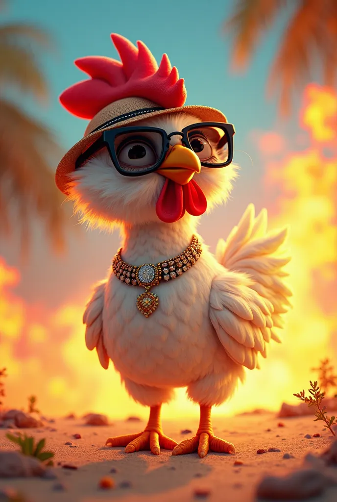 A hot and stylish chicken cartoon, wearing black glasses, hat and jewelry, on the beach, with flames, realistic, fun