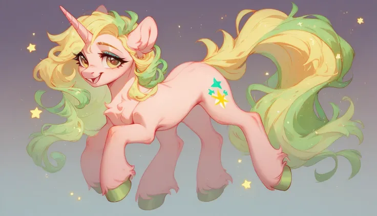 light pink unicorn pony alone, adult mare, light yellow mane with green strand,  brown eyes, kind face expression, on cutie mark - bottle surrounded by purple stars, light yellow tail with green strand, stands on four hooves, solo, simple background. 