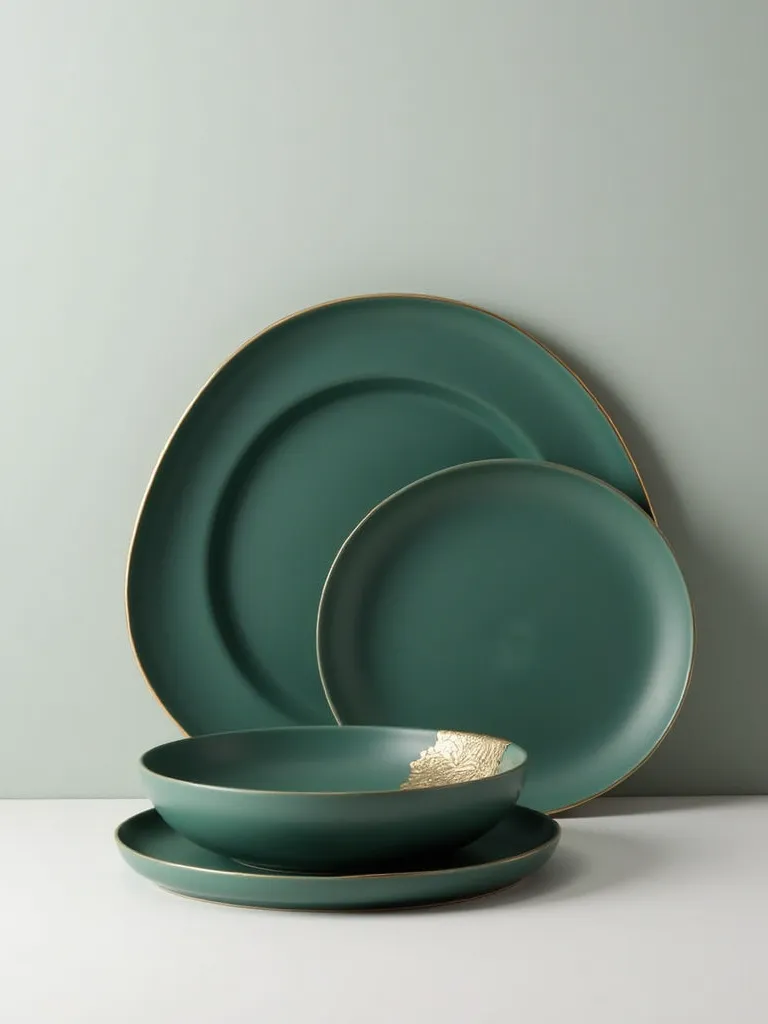 Design a luxury restaurant tableware set with a deep Persian green matte base color. The tableware must be ultra-modern and minimalist, featuring completely smooth, flat edges with no curves or scallops. The surface should showcase a refined, modern golden...