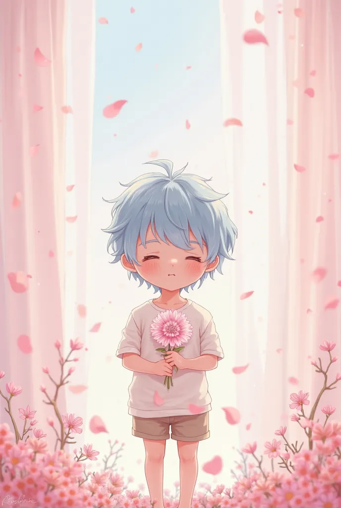 Light blue haired anime  boy with frenckles standing infront of a light pink wallapper with a flower in his hand and pink flower pedals falling everywhere