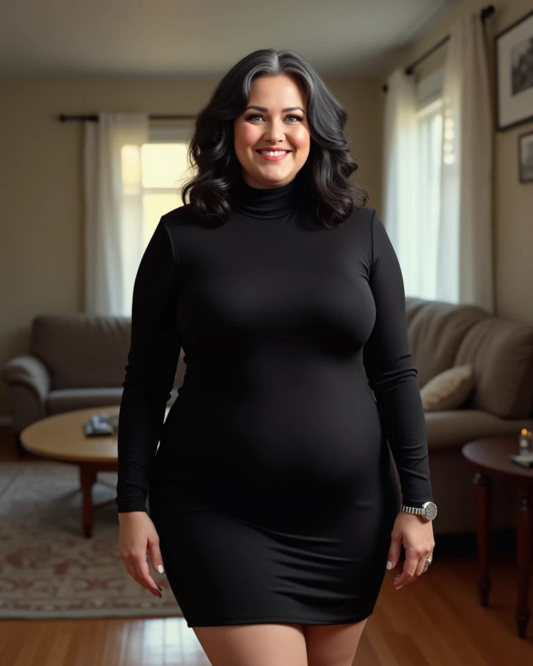 Create an ultra-realistic 45-year-old beautiful woman. She has a pretty and cute face, thick thighs and wide hips,  big and plump tits , Chubbier body and sexy curves. She must be wearing a black turtleneck dress. She must have gray black hair. With blue e...