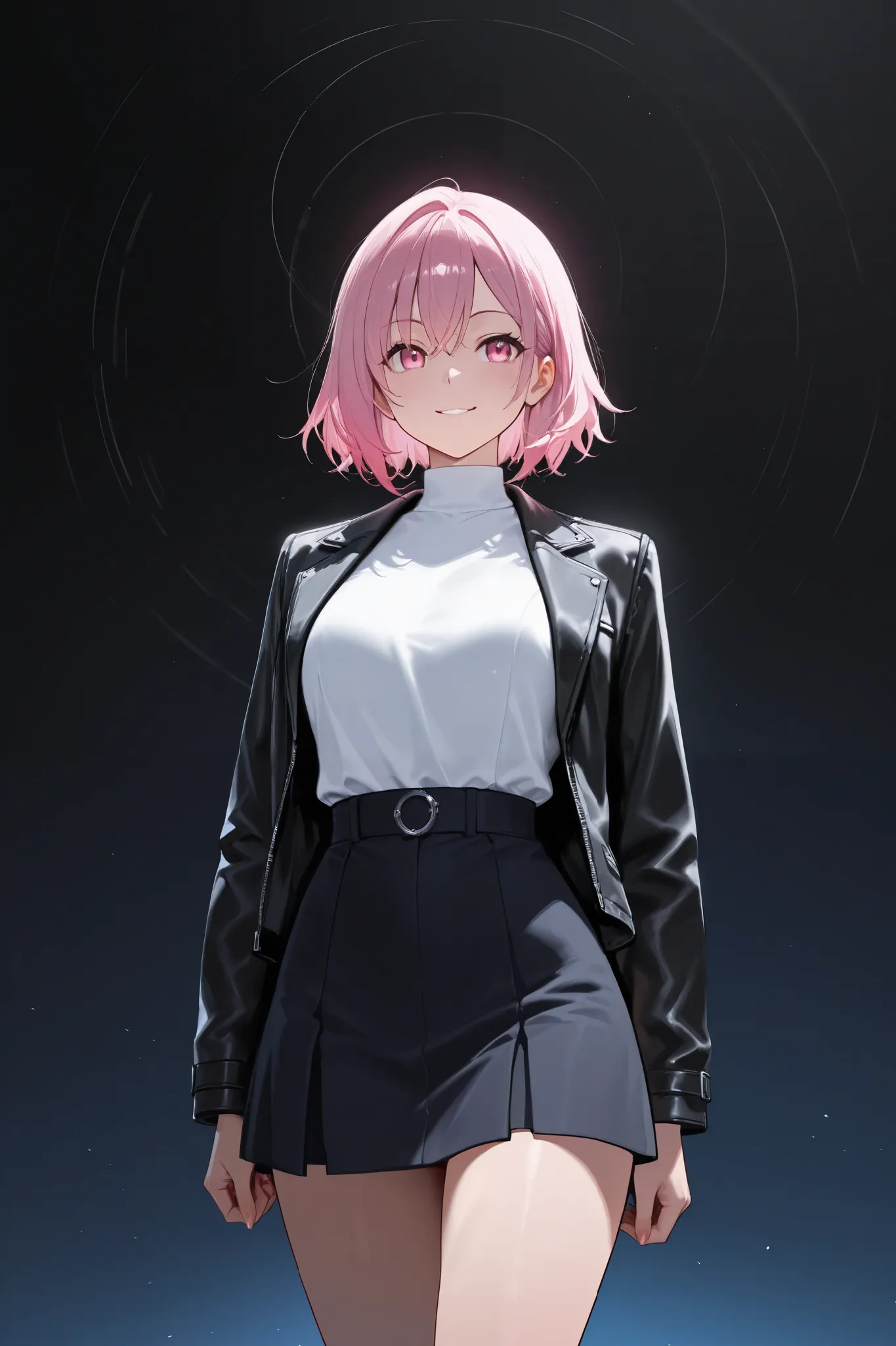 1girl,Pink hair,Gradient with blue tones,Small breasts,pink eyes,street racer,masterpiece,Black jacket,skirt,best quality,highly detailed,high quality,high resolution,8K,