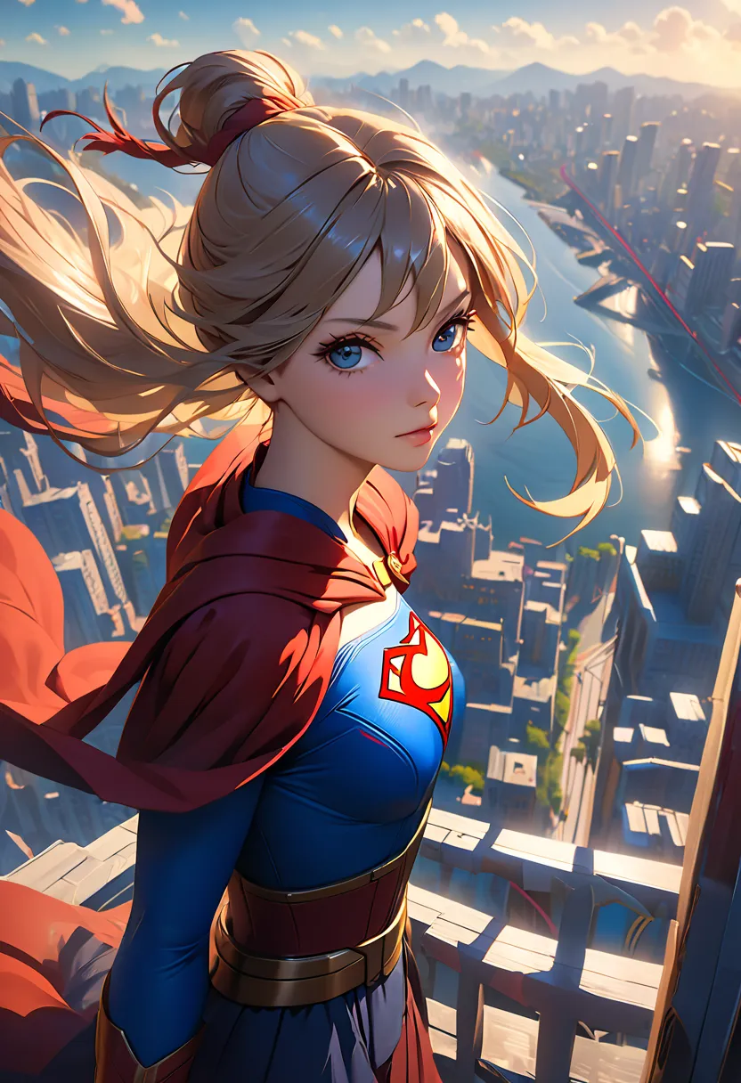  Supergirl, Above the city, Preparing for battle , Detailed artistic photography, beautiful detailed face,  dreamy , Shineing, backlight,  attractive, Shine, Shadow, Oil painting, Brush strokes, soft, Ultra High Precision, 8k, Unreal Engine 5,  Ultra Focus...