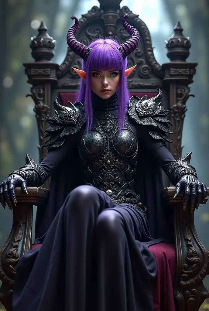 Sexy purple-haired elf wearing demon skulls armour sitting on a throne