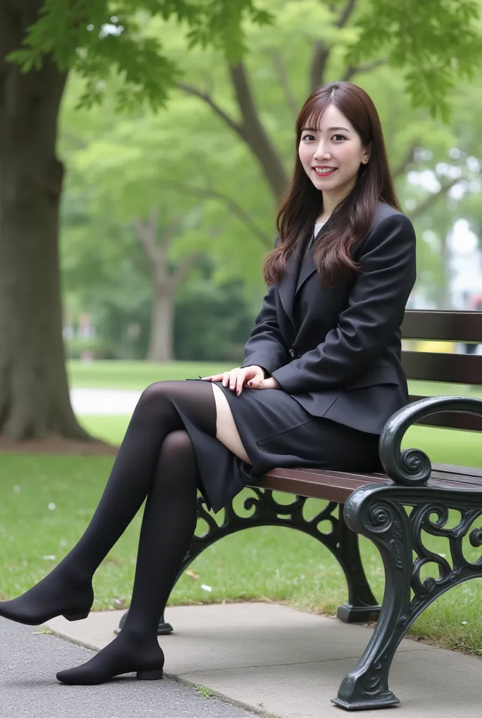 ( photorealism:1.2),  Japanese Female&#39; thick legs, １ nurse woman , 39;オフィスワーカーのBUSINESS UNIFORM 、  with a smile、Laughter and conversation 、She is sitting in a chair in the park、   legs are slightly apart 。 Ultra-realistic thick black socks that reach d...