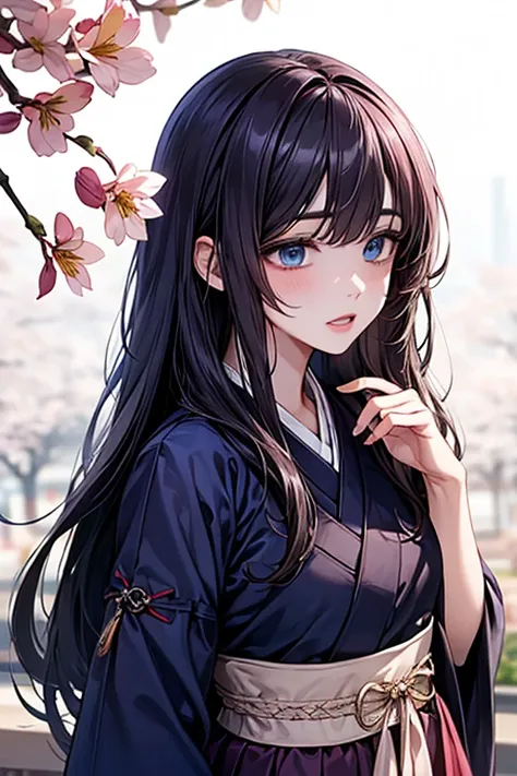 (((gfyuju ))), ((((black long hair)))), blue eyes, (((Hanbok1.5))), hanbok, ((dangui)), Outstanding, Best Aesthetic, Best Quality, Masterpiece, Very Detailed, Masterpiece,  1girl , Alone, Blue Sky, Daytime, Flower, Cherry Blossom, Plum Blossom, Lilies, Bea...