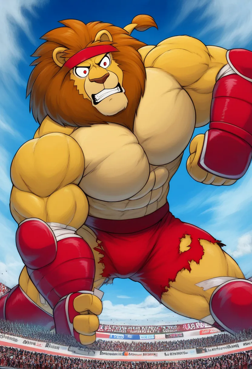 a giant muscular cartoon strong lion,  wrestler outfit, photocartoon, 8k, highly detailed, saturaded colors, epic scene, dynamic pose, powerful expression, intense wrestling action, dramatic lighting, cinematic composition, golden fur and skin, wrestler, r...