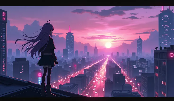 Create a breathtaking, realistic anime wallpaper featuring a stunning cityscape at twilight. The scene should have vibrant neon lights reflecting off wet streets, with towering skyscrapers and bustling traffic in the background. The foreground features a l...