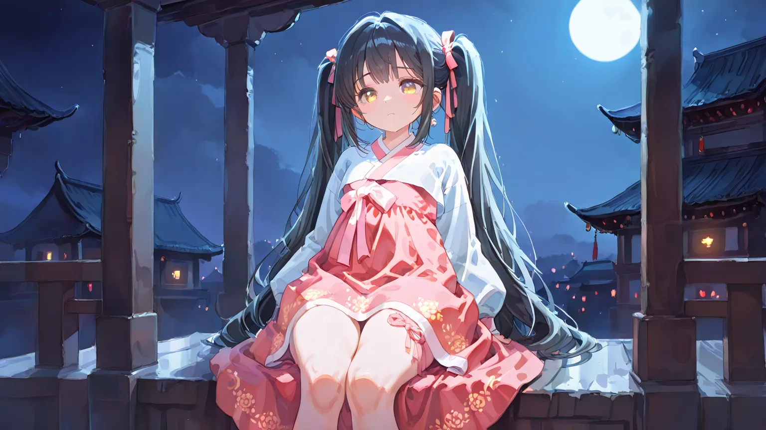 An 18-year-old girl with a long black color twintail hairstyle. She has golden eyes, wearing a beautiful Korean hanbok, and a hotpink ribbon around her left thighs, very high resolution, highest quality, looking sad, night, moonlight, korean palace, master...