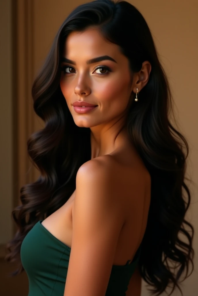 "Create a stunning and elegant brunette model, with rich, warm brown skin that radiates health and natural beauty. Your hair is dark, smooth and shiny, falling in long loose waves that shine under a soft light. Her face has delicate features, but striking:...