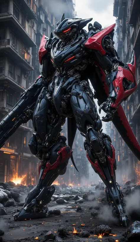 "A futuristic war robot, black and red, wielding a massive plasma weapon on its arm, fighting in the middle of a destroyed city, with smoke and fire raging across the battlefield."