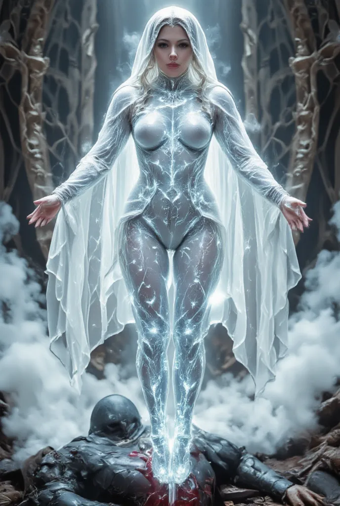 Humanoid woman made of crystals, Her body is translucent and filled with mist inside, with rune symbols all over his body with open arms, with a white hooded cape with light fabrics that spread to the floor in silver details, dc comics art image with the e...