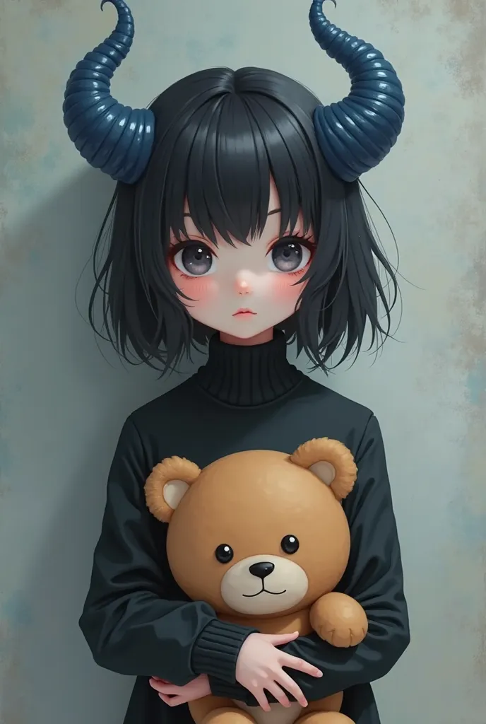 A black-haired girl with blue horns ,wearing a black turtleneck, he holds an anime-style teddy bear