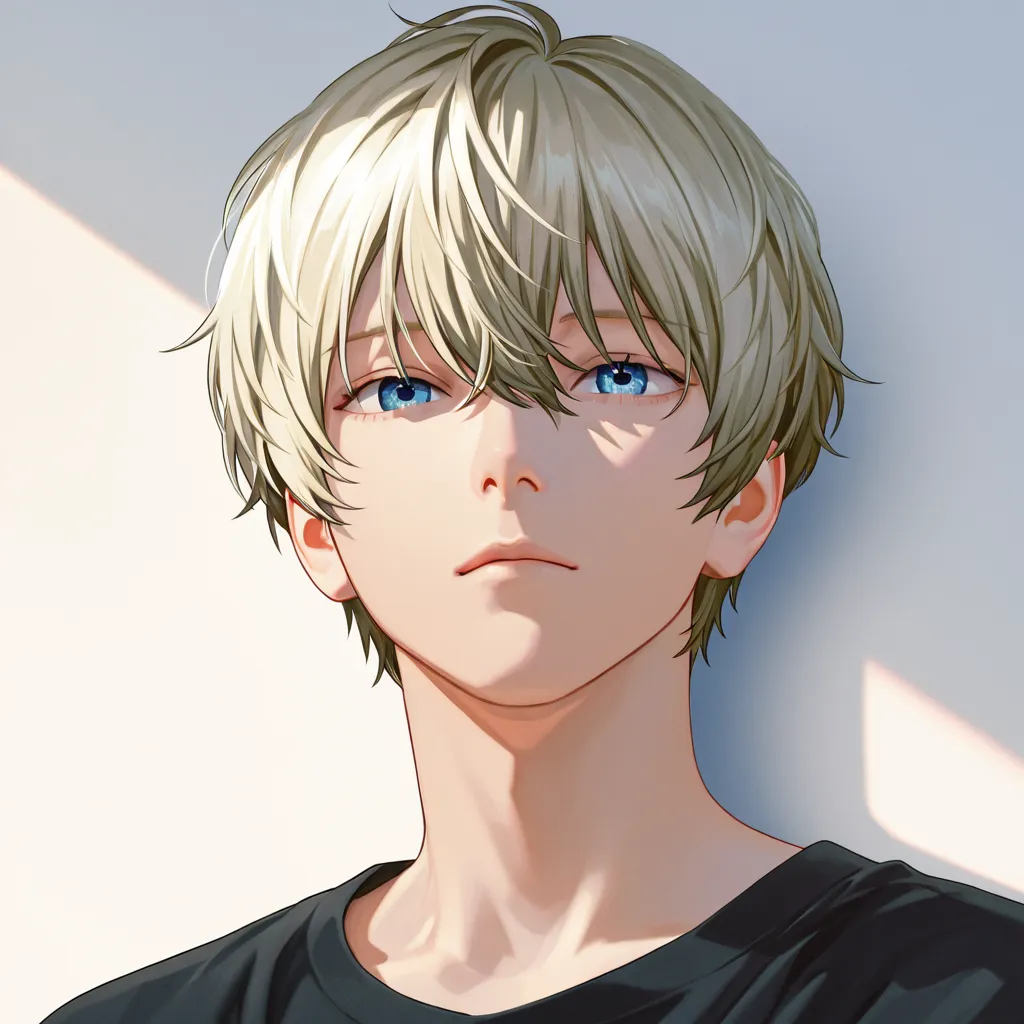 1 male, fair skin, aquamarine eyes, platinum blonde hair, black plain shirt, plain background 