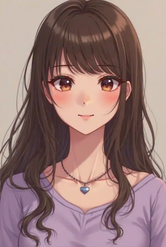 a girl, , with long hair with brown bangs, with necklace with heart on the neck, A blouse with color off white color purple, with a small smile, Don't let your teeth be seen, That the girl looks like a human in real life