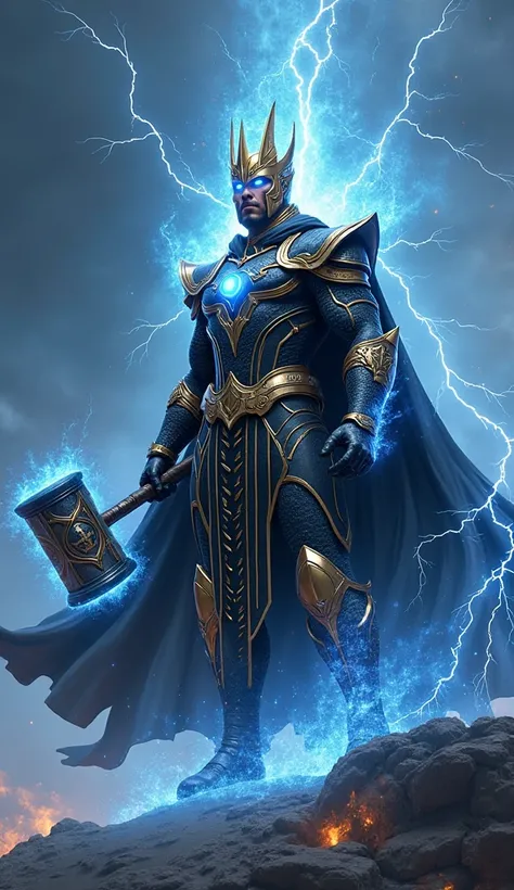 "A new god rises, bathed in eternal lightning. The Storm King, a fusion of Asgardian divinity and Kahndaqian wrath, stands with runic inscriptions glowing across his storm-forged armor. His cape, black and gold, crackles with celestial electricity. He wiel...