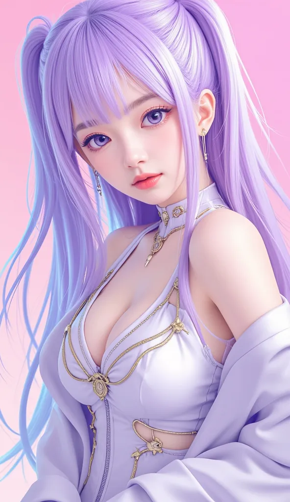 Anime character illustration, ultra-detailed digital art designed for mobile wallpaper. A charismatic heroine with long, flowing pastel hair and large, expressive eyes, wearing a sleek futuristic outfit with intricate, modern and traditional accents. Rende...